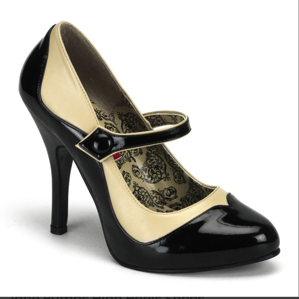 Two Tone Bordello Black Patent Tan Platform Pin-Up Girl Mary Jane Pumps Sz 8